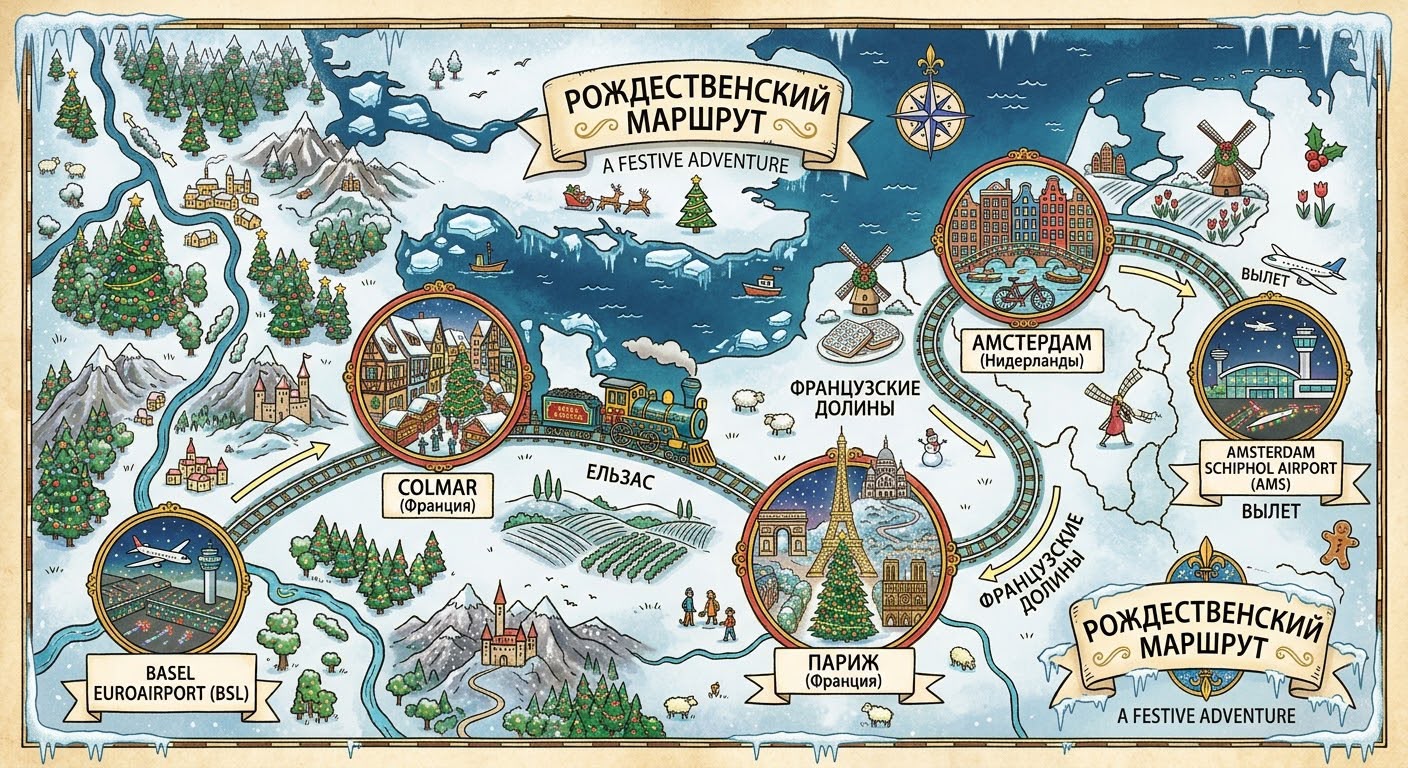 Авторская иллюстрированная карта рождественского маршрута: Базель, Кольмар, Париж, Версаль, Амстердам
